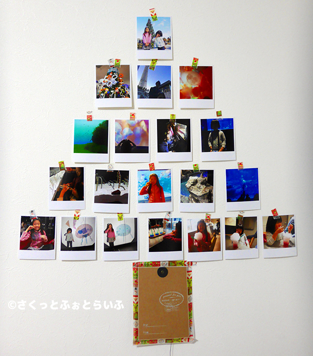 「Instapri（インスタプリ）」の写真プリント「pinky set」とマスキングテープで写真のクリスマスツリー