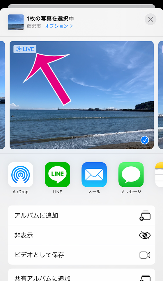 iOS13共有シートでライブフォトをシェア