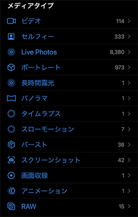 iPhone標準写真アプリのメディアタイプ